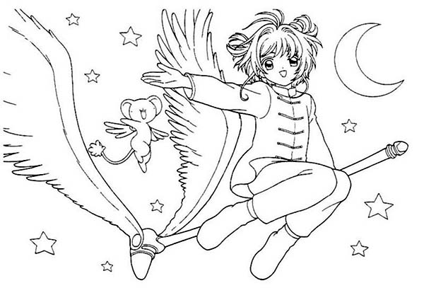 Cardcaptor Sakura, : Cardcaptor Sakura Flying with Kroberos Coloring Page