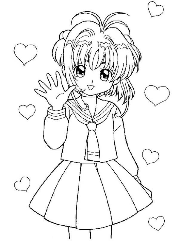 Cardcaptor Sakura, : Cardcaptor Sakura Waving Her Hand Coloring Page