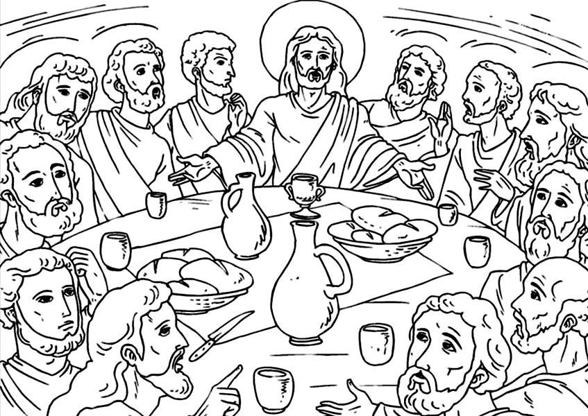 Disciples, : Depiction of Last Supper Jesus and Disciples Coloring Page