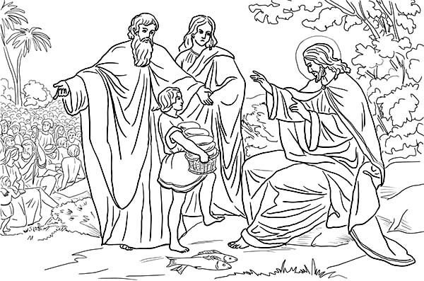 Disciples, : Jesus and Disciples Feeds 5000 People Coloring Page