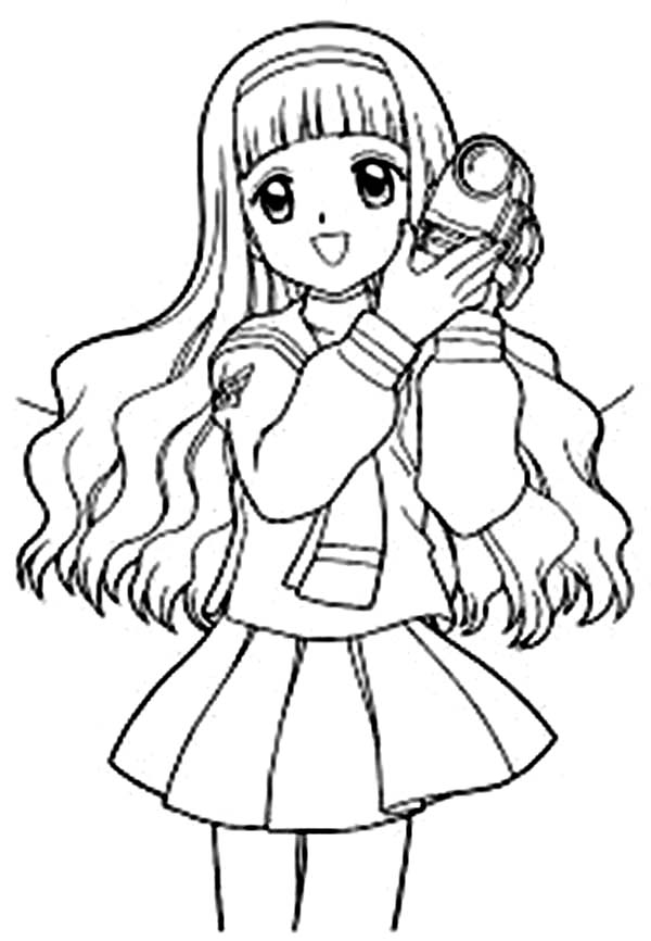Cardcaptor Sakura, : Sakura Hold Camera in Her Hand in Cardcaptor Sakura Coloring Page